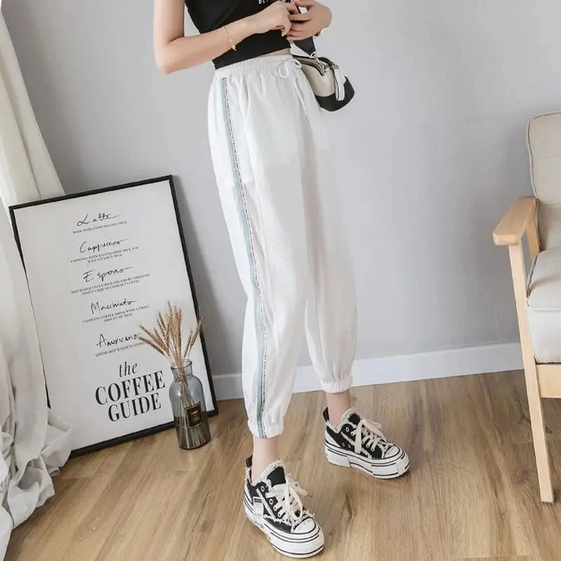 Ice Silk Harem Pants Female Summer Chic Spell Color Striped Patchwork Women's Pants Black White Ice Silk Thin Capri S-5XL