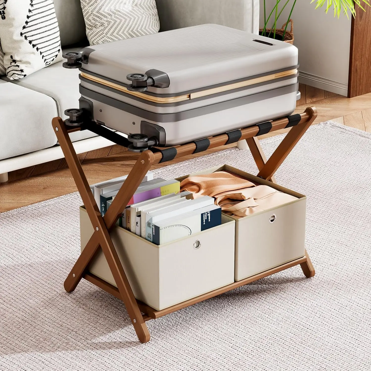 

Полностью собранные багажные полки из орехового дерева, набор из 2 штук с 4 ящиками для хранения, бамбуковая подставка для багажника 26,77 дюйма для гостевой комнаты, горячая распродажа