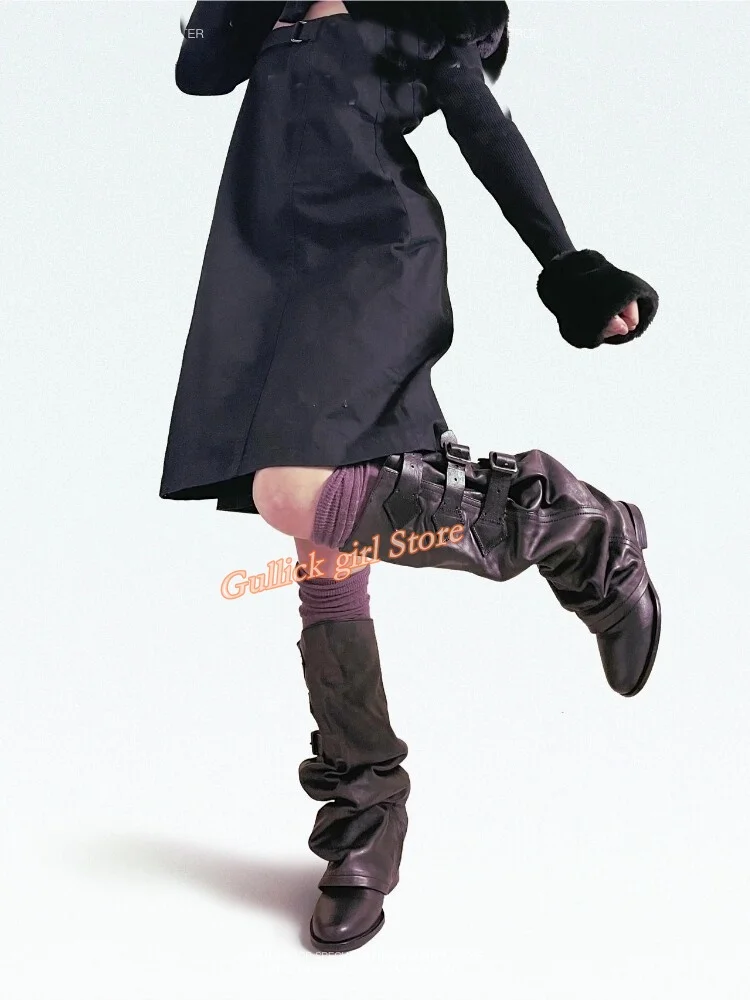 

Фиолетовые кожаные сапоги-ботфорты с круглым носком на низком каблуке с ремешком на щиколотке, модель Runway 2026, зимние женские туфли