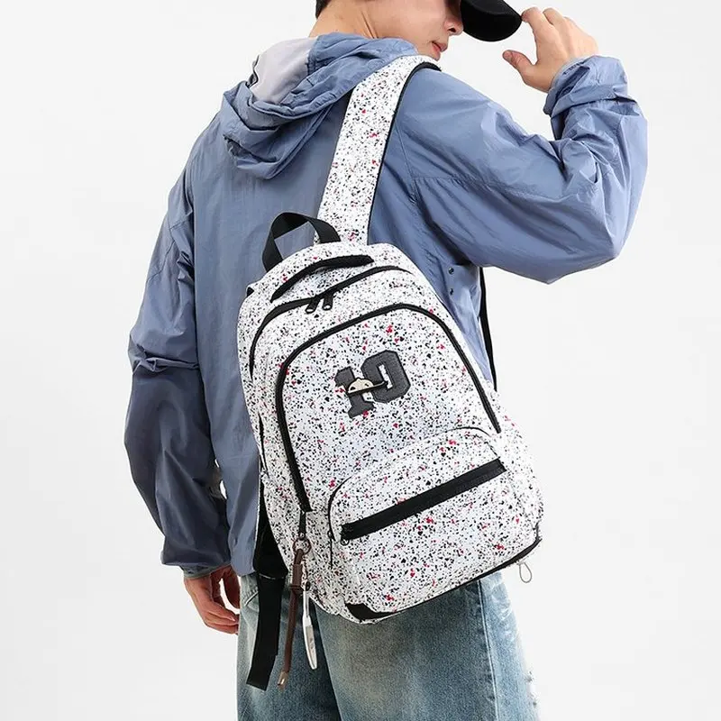 White Black Red Splatter Pattern Backpack for Teens Boys Girls Cute School Daypack with Front Pocket and Pendant for Travel