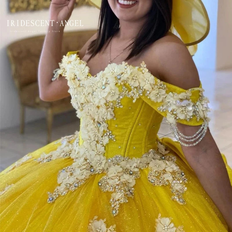 Vestido de baile amarillo iridiscente para niña de 15 años, vestido de quinceañera brillante, apliques de cuentas, lazo con cordones en la espalda, fiesta de cumpleaños