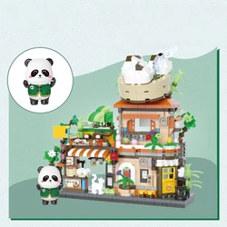Panda Bun Shop Building Bricks Desktop Street Scene Tea House Hot Pot Restaurant Mahjong Parlor Building Block Assembly 2026