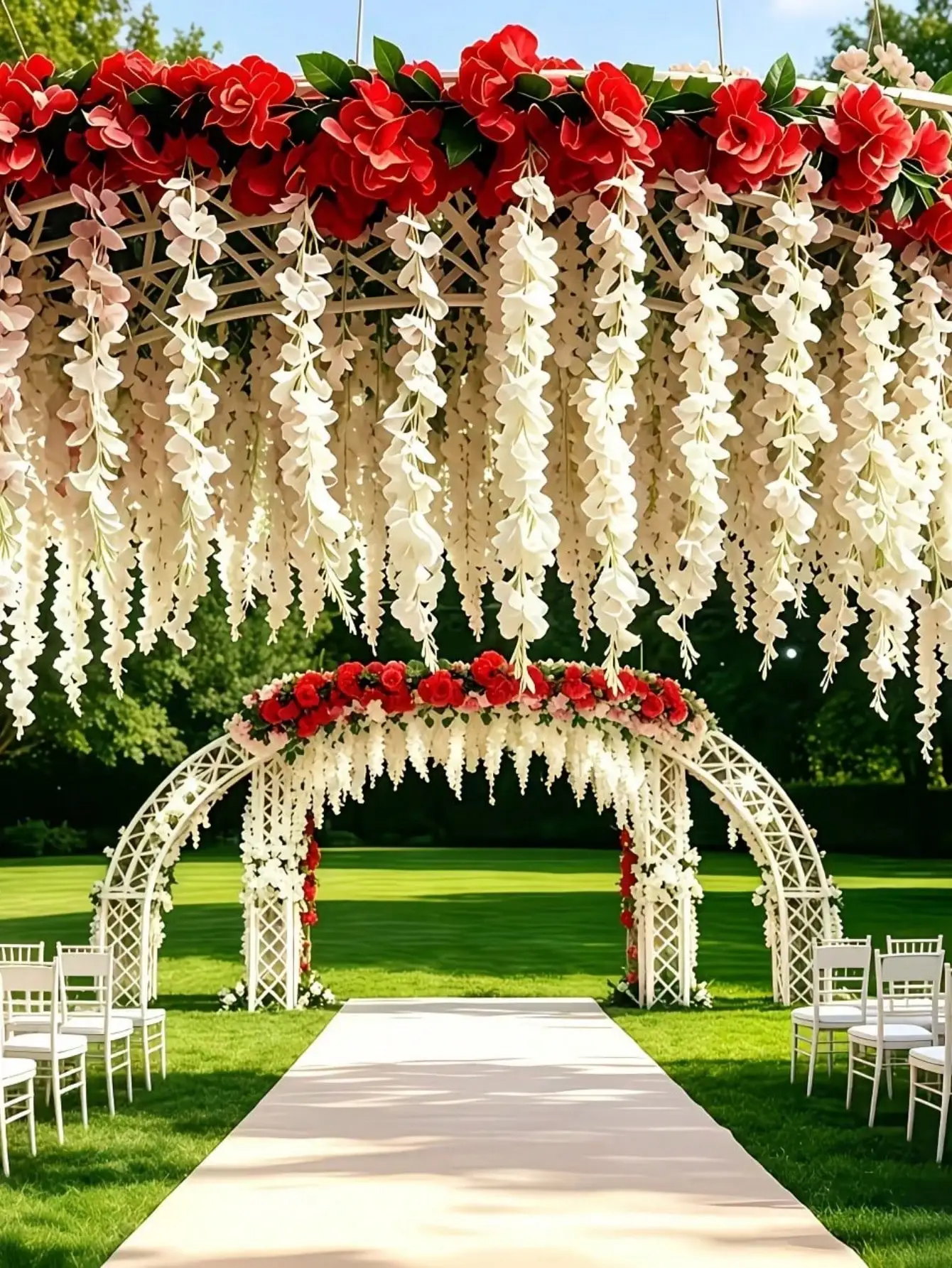 41Pcs Artificial Flower Vines with White Wisteria & Red Roses, Hanging Faux Garland for Home Garden Room Wedding Party Decor