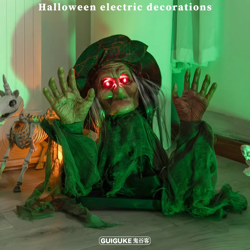 Halloween bust swing old witch ghost garden ornament electric induction luminous sound horror atmosphere ornament