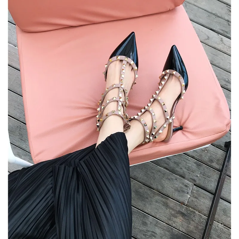 2023 Summer Luxury Genuine Leather Women\'s Sandals High Heels Classic Metal Rivet Pointed Pumps Sexy Wedding Party Shoes 33 - 41