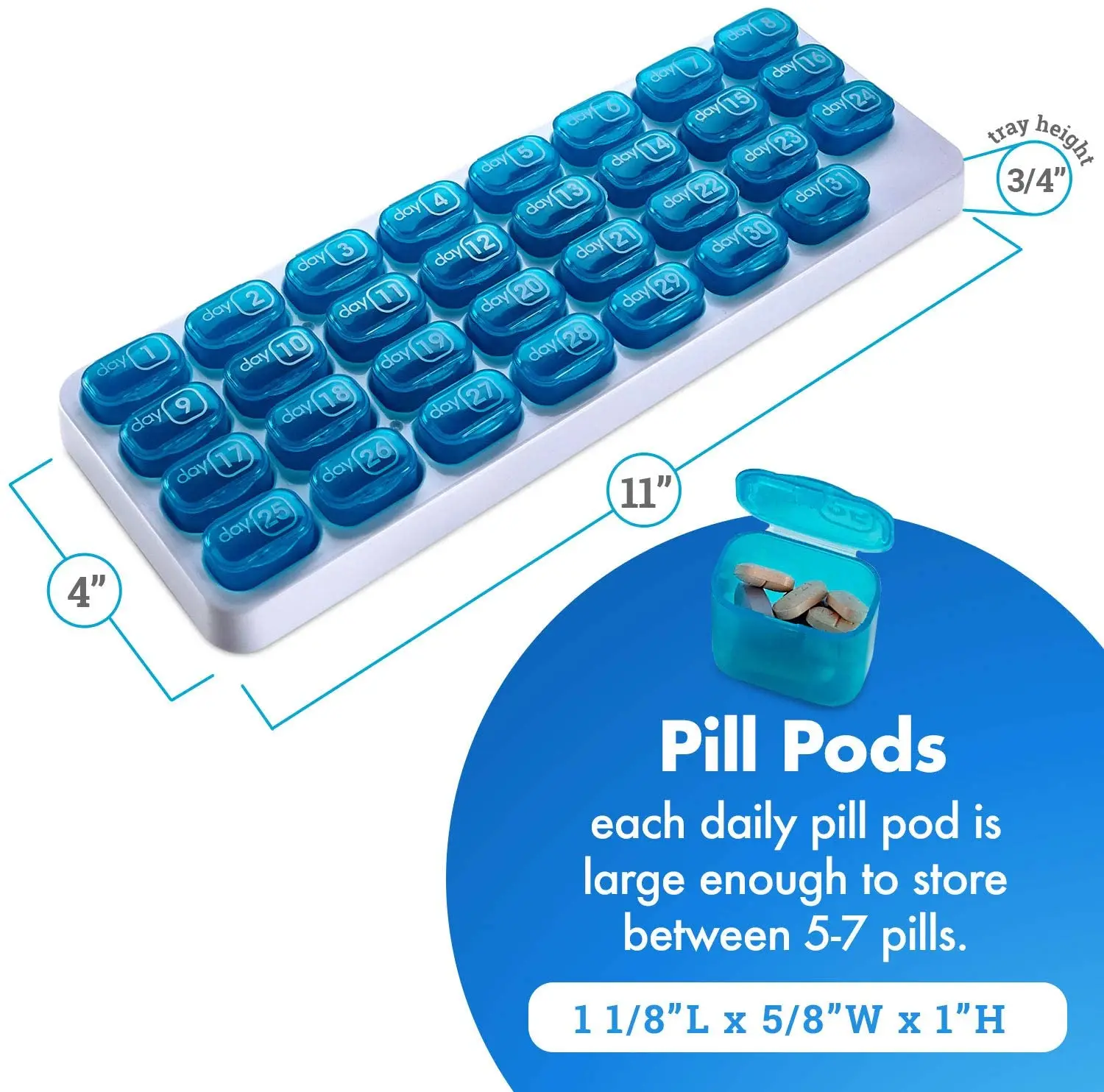 31 Day Monthly Pill Organizer Pods Pill Box for Travel BPA Free Holder for Daily Medicine and Vitamins Pastillero