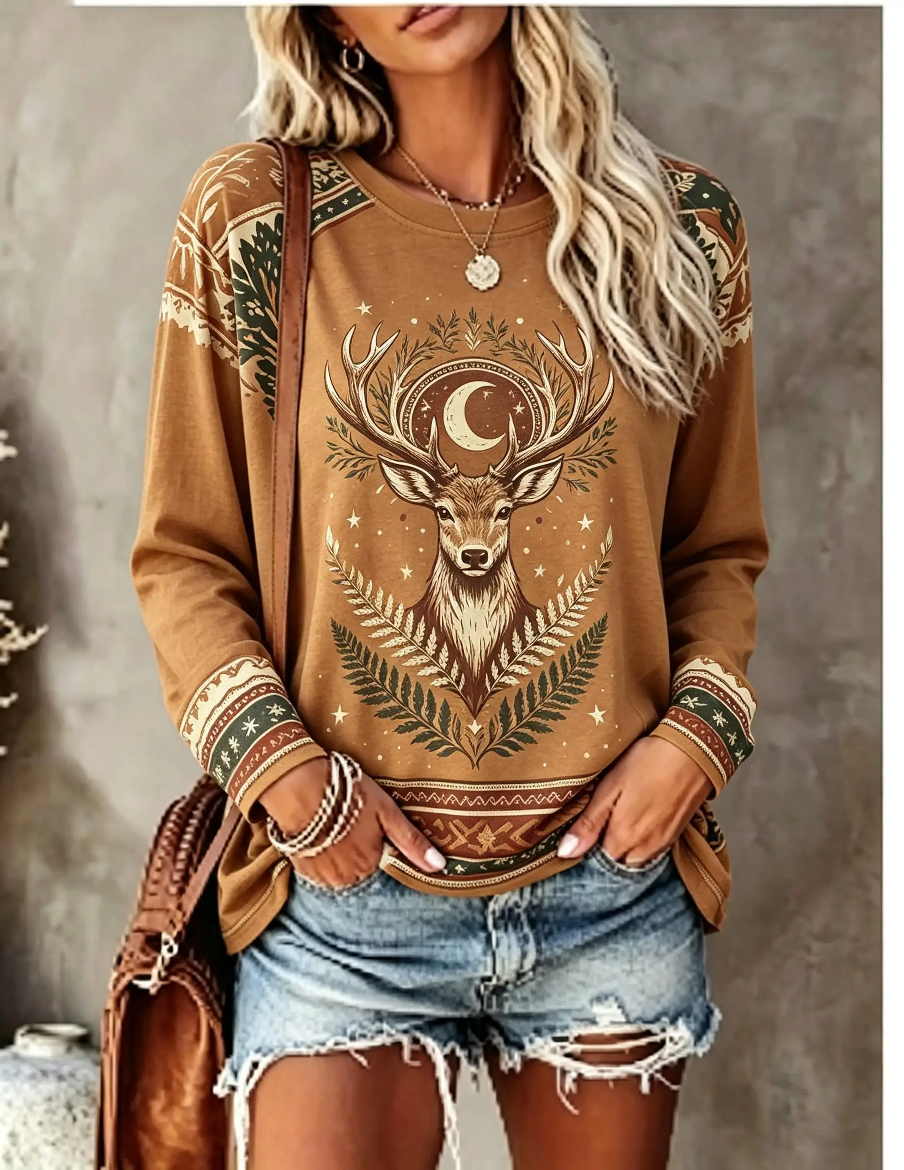 Women Long Sleeve T‑Shirt Boho Western Desert Cactus Tree Of Life Sun Floral Ethnic Print Crew Neck Casual Tops