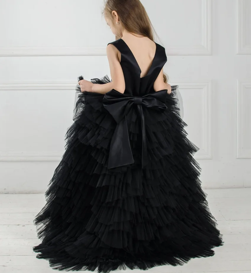 

New Black Flower Girl Dresses For Wedding Tiered Tulle Backless Kids First Communion Dresses Photoshoot Outfit Princess Dress