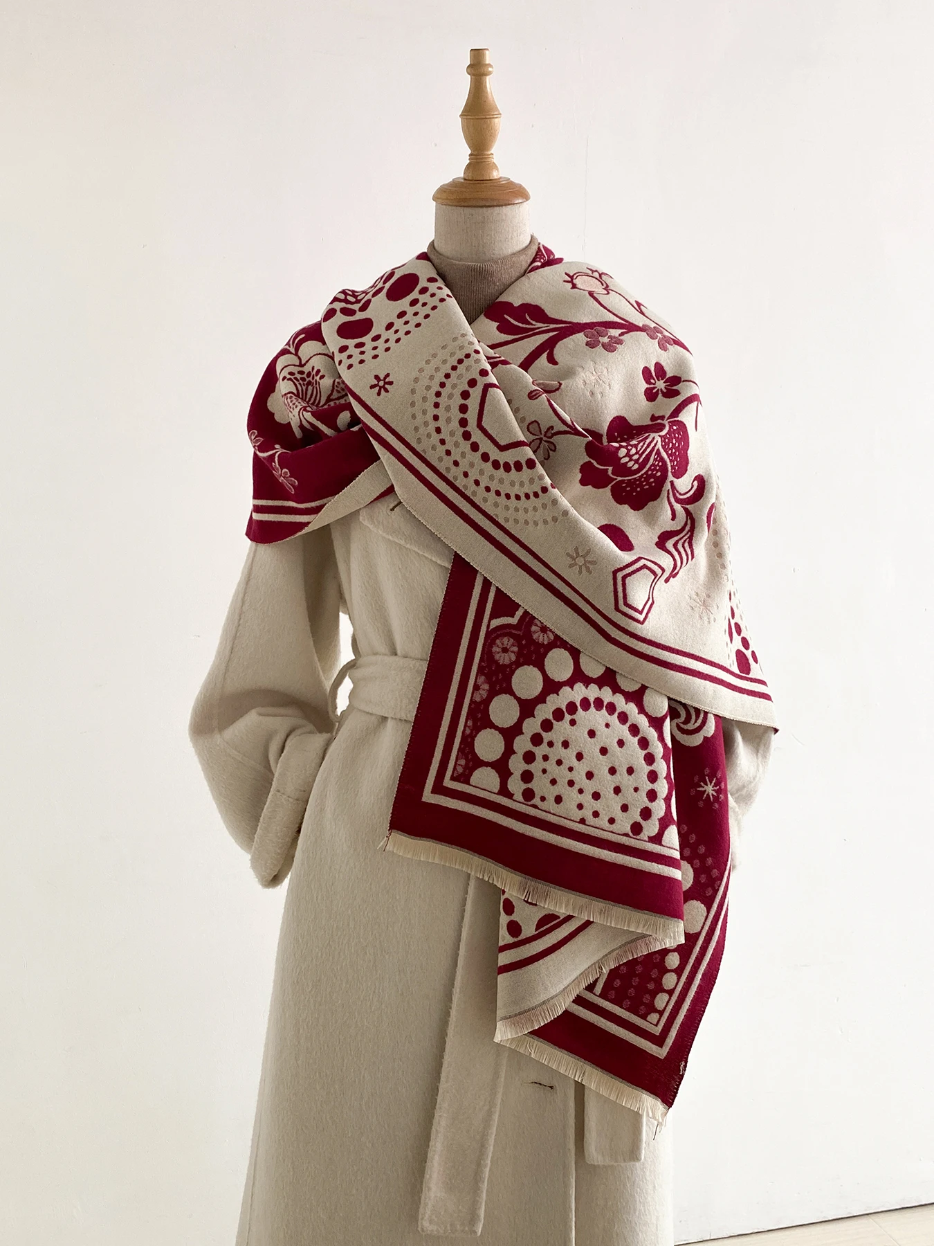 Women's Vintage Floral Print Faux Cashmere Shawl, Reversible Large Winter Scarf Wrap with Tassel Fringe