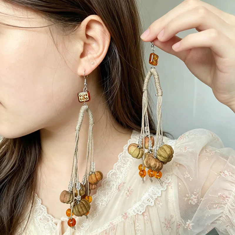 Retro Wooden Pumpkin Tassel Earrings Handwoven Long Atmosphere Gentle Niche Small Face Effect Ear Jewelry Artistic Vintage