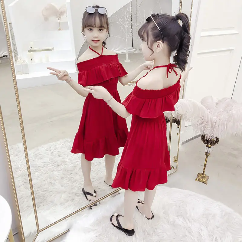 Girls Dress 2023 New Summer Girl Off-the-shoulder Hanging Neck One-word Dress Big Child Princess Pleated Dress Cool Design 11 12