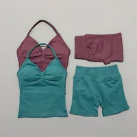 2 Pieces Sports Set Women Backless Tank Yoga Tops High Waist Scrunch Seamless Shorts Sport Gym Set Sportswear Workout Set - Image 4