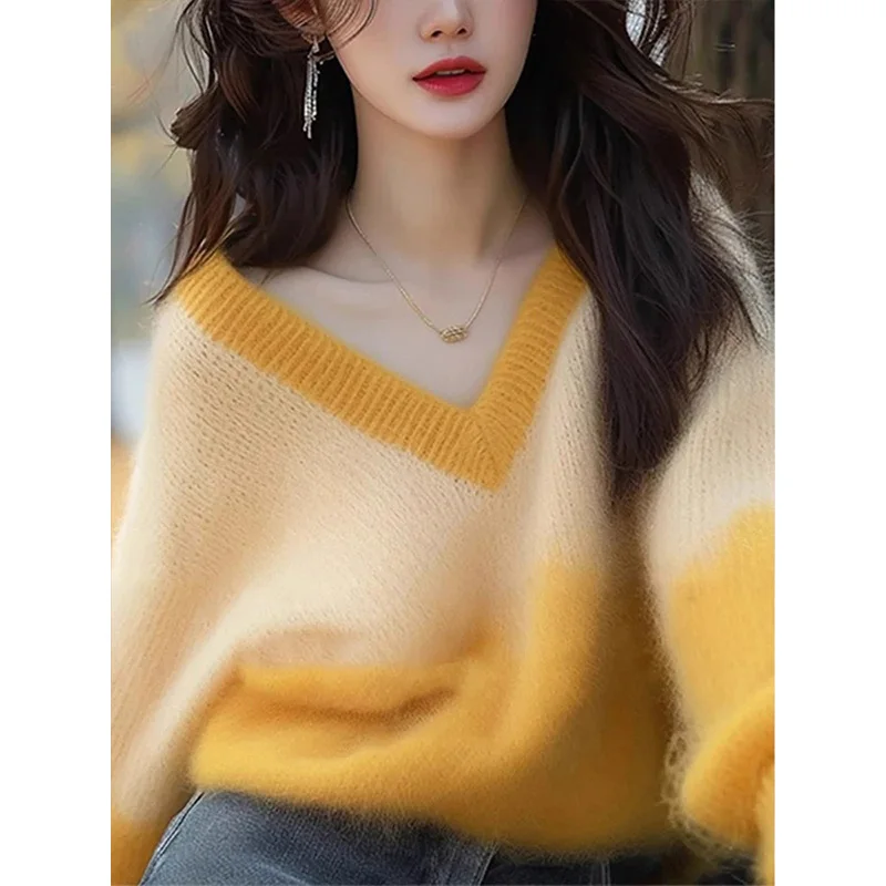 Women Clothing Chic Gradient Color Knitted Sweater Women Loose Soft Pullovers Spirng Fashion Casual Vintage Knitwear