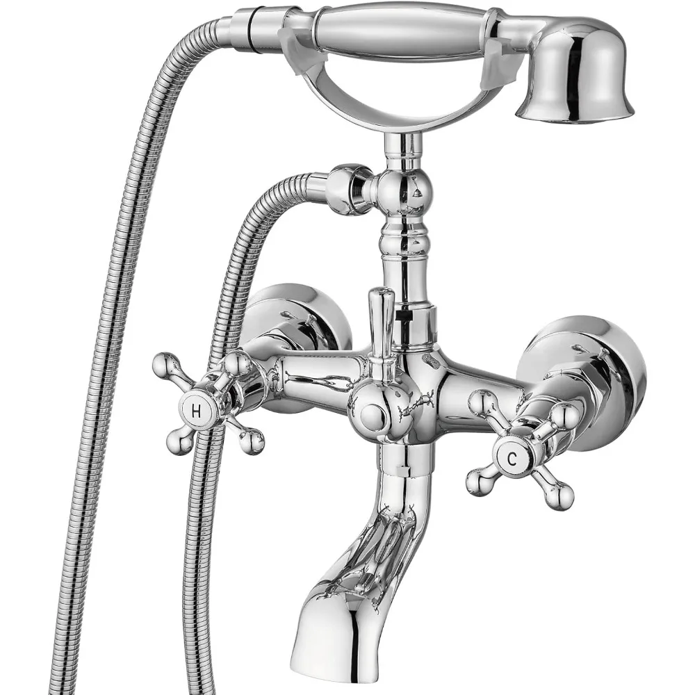 

Chrome Polished Double Handle Wall-Mounted Bathtub Faucet with Telephone-Style Hand Shower Mixer Tap