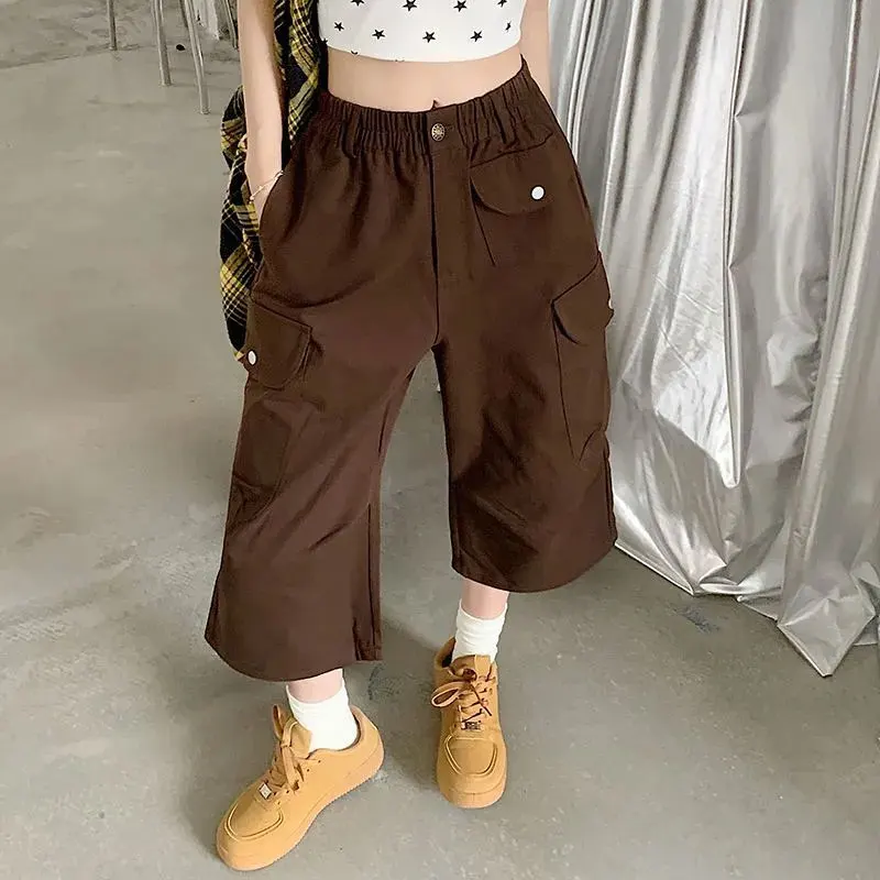 

Japan Style Loose Pockets Spliced Cargo Pants Women's Clothing Wide Leg Spring Summer New Solid Color Basic Straight Capri Pants