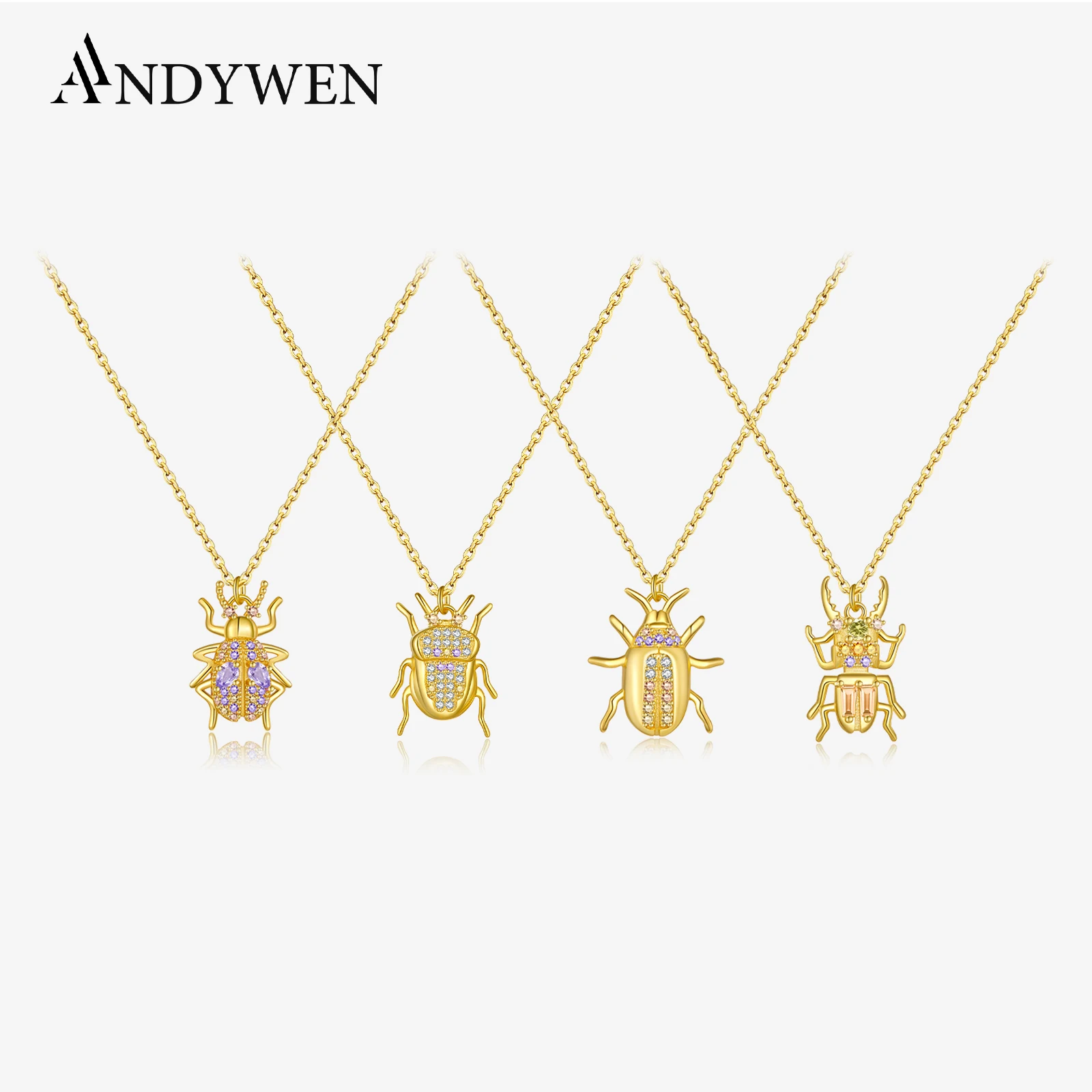 ANDYWEN 925 Sterling Silver Gold Crystal Pendant Necklace Long Chain COURAGE BEETLE AMULET Collar Party Jewelry Crystal Jewels