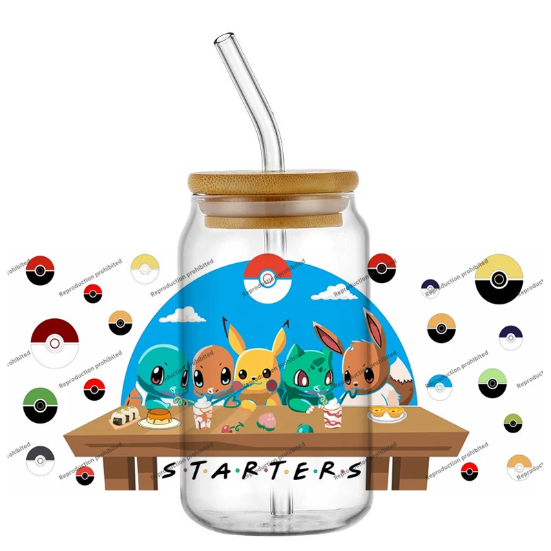 

High Quality Japanese Cartoon Pokemon Waterproof Transfer Sticker 3D Kawaii Pikachu Decal UV DTF Cup Wrap for 16oz Libbey Can