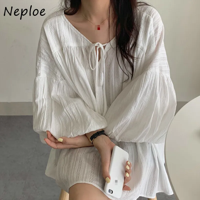 Neploe Loose Lantern Sleeve Femme Blouse Fashion Chic Retro V-neck Shirt Women 2024 New Loose Casual Solid Color Blusas 1F581