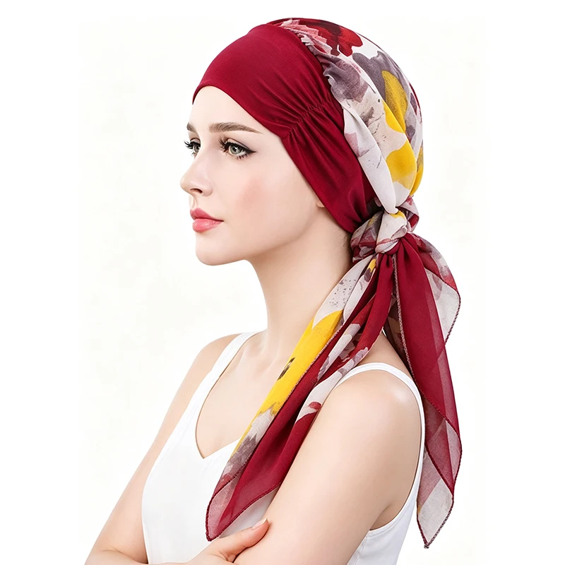 New Trendy Print Womens Elastic Pre-Tied Hijab Turban Cap Muslim Cancer Chemo Flower Print Hat Cover Hair Loss Head Scarf Wrap view 6
