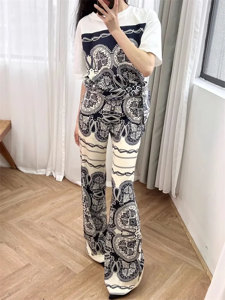 Women Geometric Printing Set High Waist Wide Leg Long Pants or Knot Spliced O-Neck Short Sleeve T-Shirt Casual Summer 2024 Suit