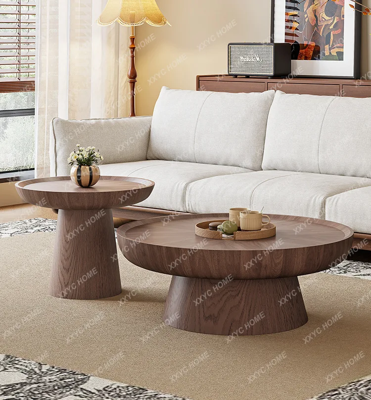 

Medieval style round coffee table combination living room home walnut high-end light luxury combination