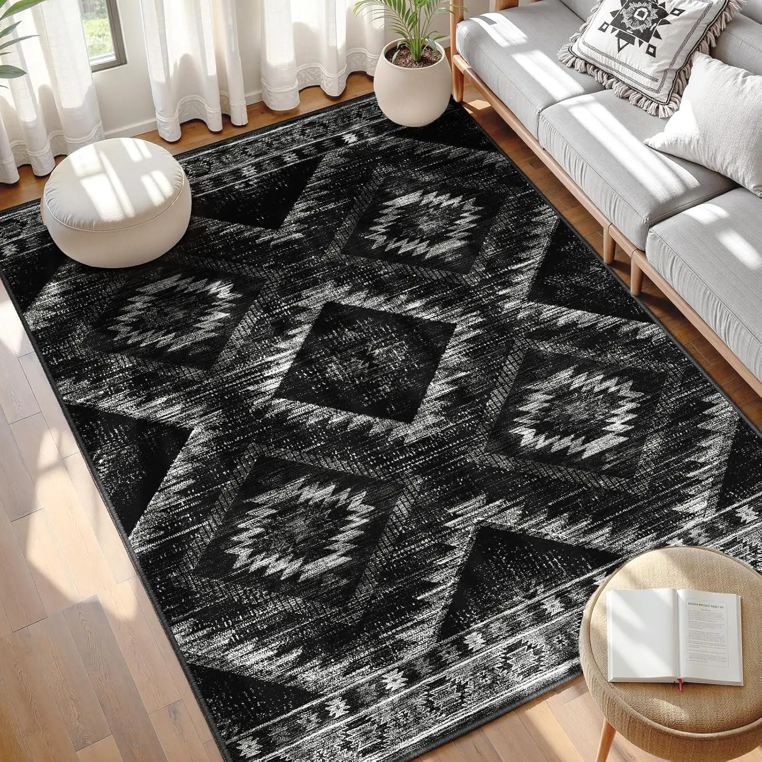 Bohemian Tribal Geometric Pattern Area Rug, Non Slip Soft Floor Mat for Living Room Bedroom Balcony Home Indoor Decoration