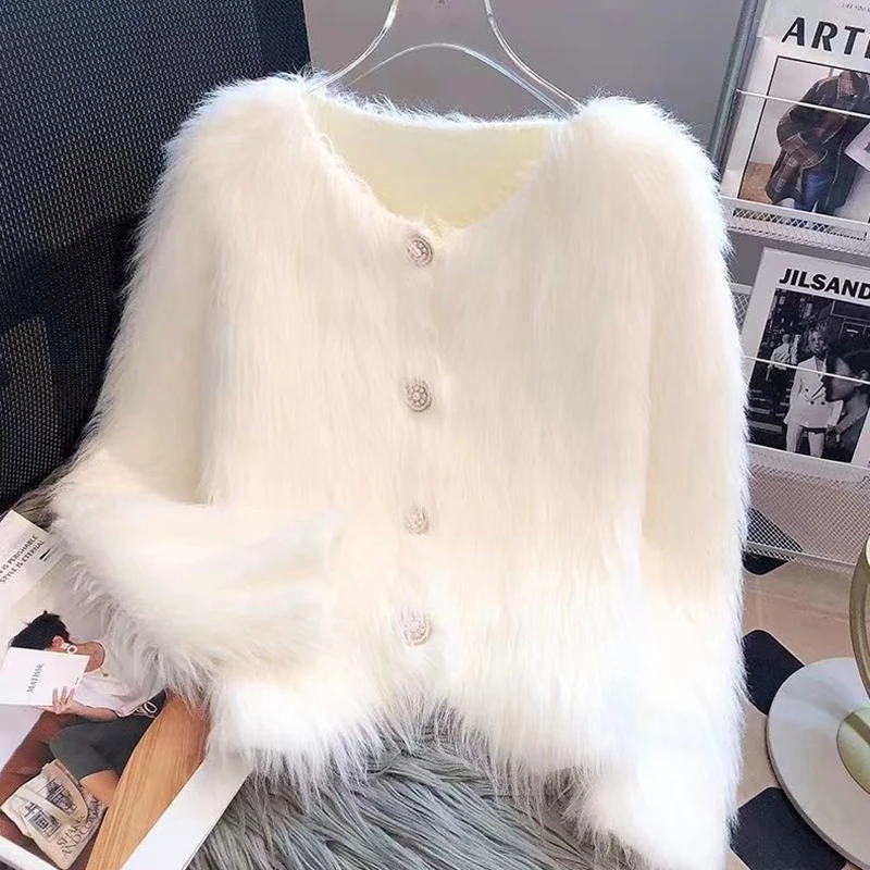 Faux Mink Knitted Cardigan Women Single-Breasted Elegant Solid Loose Fall Winter Soft Jacket Office Lady V-Neck Sweater Blouse