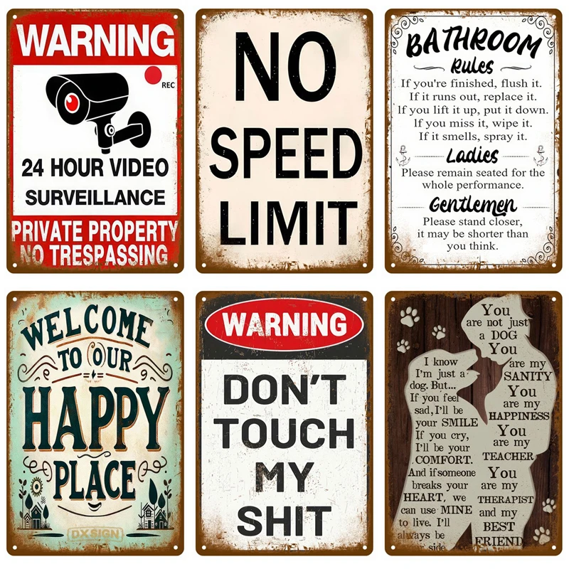 Vintage Assorted Warning & Funny Quote Tin Signs Set, Retro Bathroom Rules Dog Lover Welcome Metal Wall Art, Rustic Decor Plaque