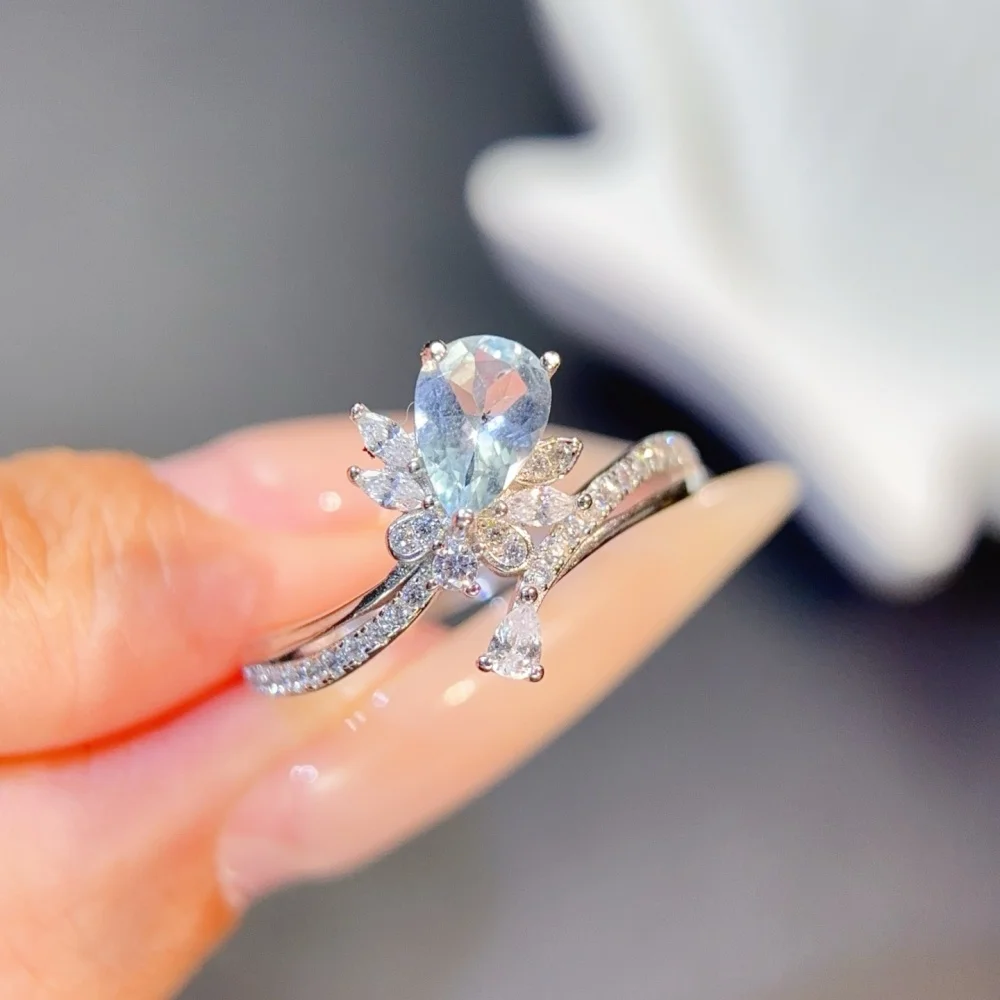 S925 Natural Aquamarine Ring Crystal Polishing Aura Jewelry Trendy Creative Women Party Gift Fashion Holiday Gift