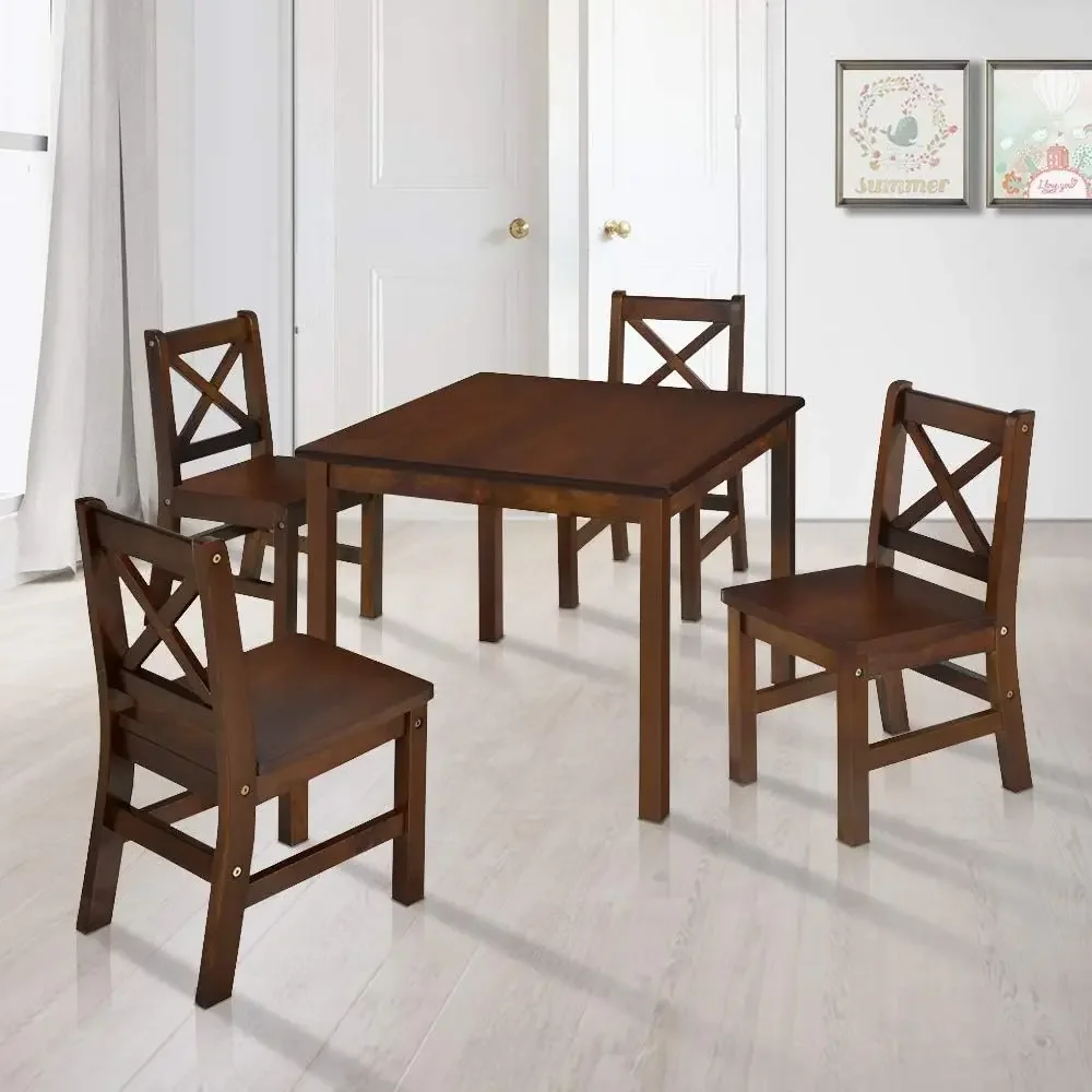 Solid Hard Wood Kids Table and Chair Set (4 Chairs Included), Coffee, 5 Piece Set