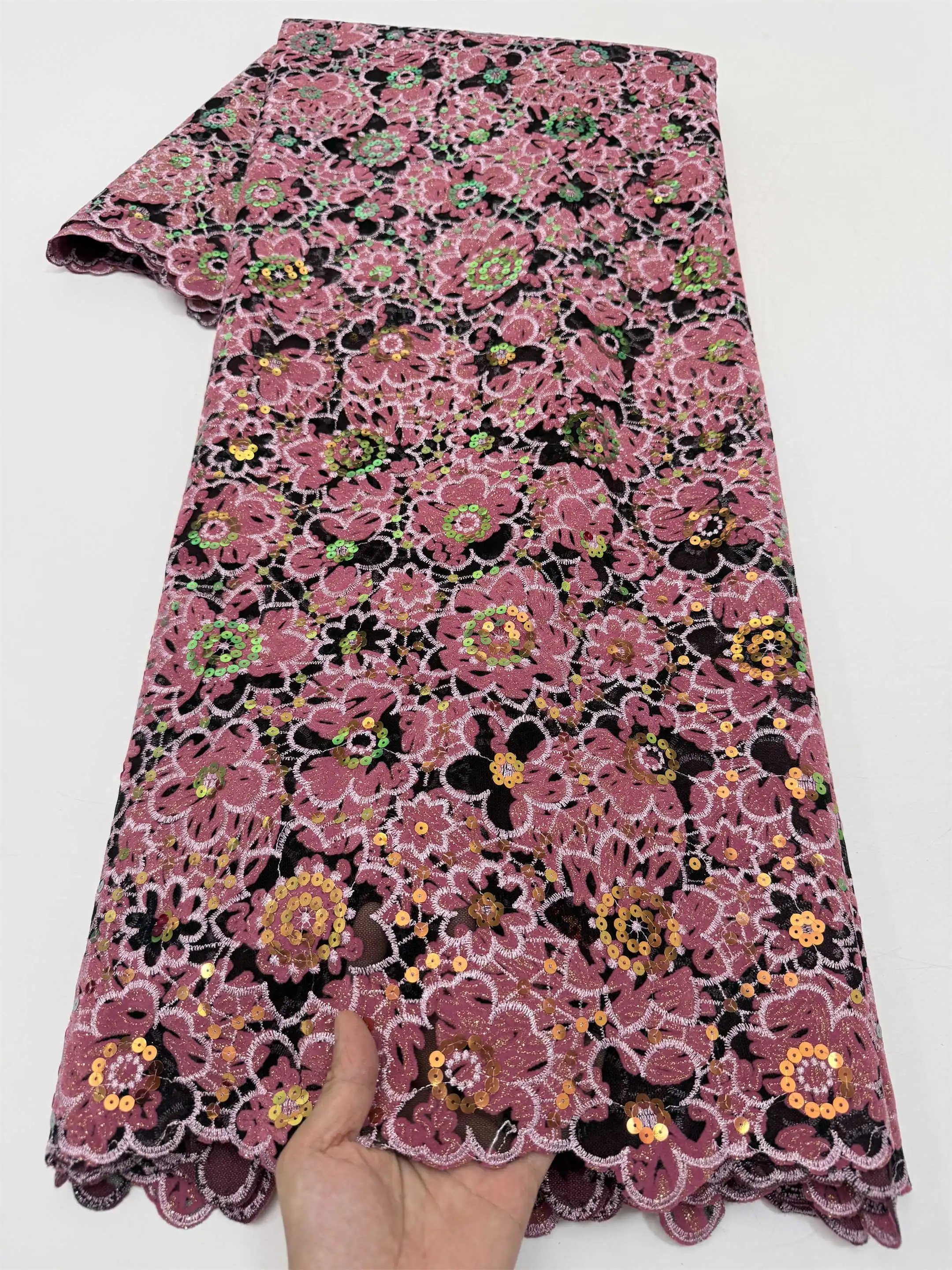 African Flocking lace fabric with Sequins French Mesh Velvet Fabric  Sequins Glitters Lightweight for Celebrants Occasions