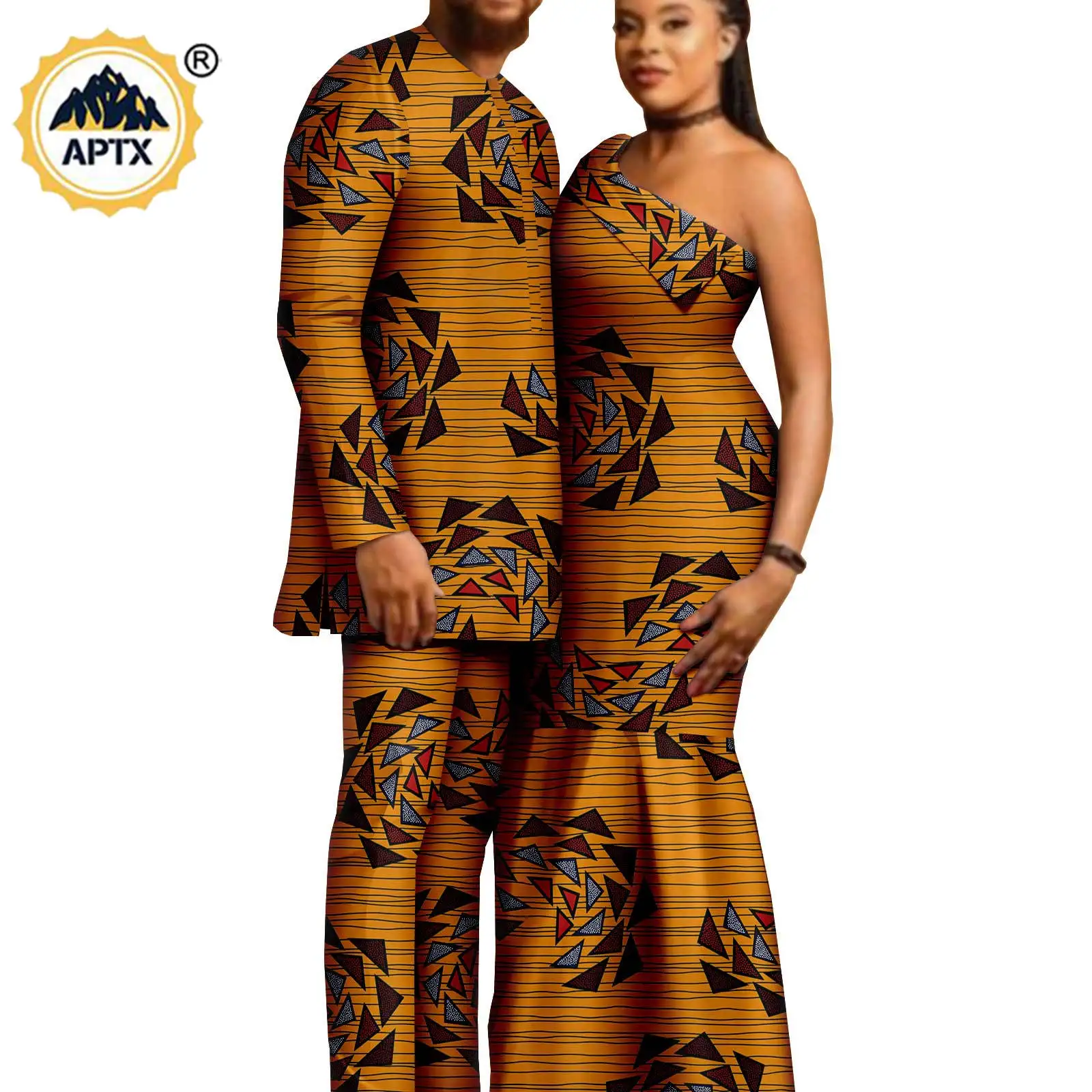 African Print Diagonal Collar Dresses for Women Matching Clothes for Couples Bazin Men Outfits Dashiki Top and Pant Sets S20C016