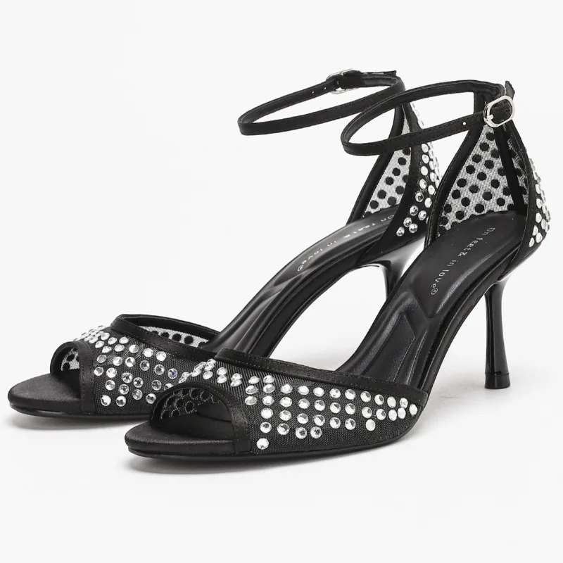 

Shining Rhinestone Mesh High Heels Women Ankle Strap Peep Toe Elegant Sandals Female Fashion Luxury Wedding Party Dress Shoes