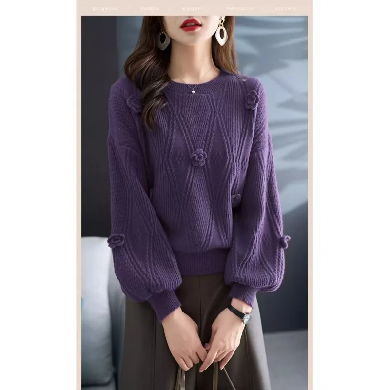 زهرة الخريف والشتاء قاع قميص سترة قاع فانوس فضفاض بلون جولة الرقبة البلوز قمة الموضة