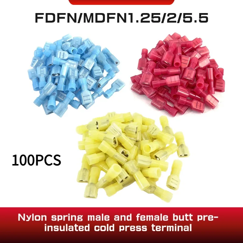 100pcs Nylon Female Cable Wire Connector FDFN2-250 FDFN2.5-250 Brass Insulated Spade Terminal Joint 16-14AWG Eletrico