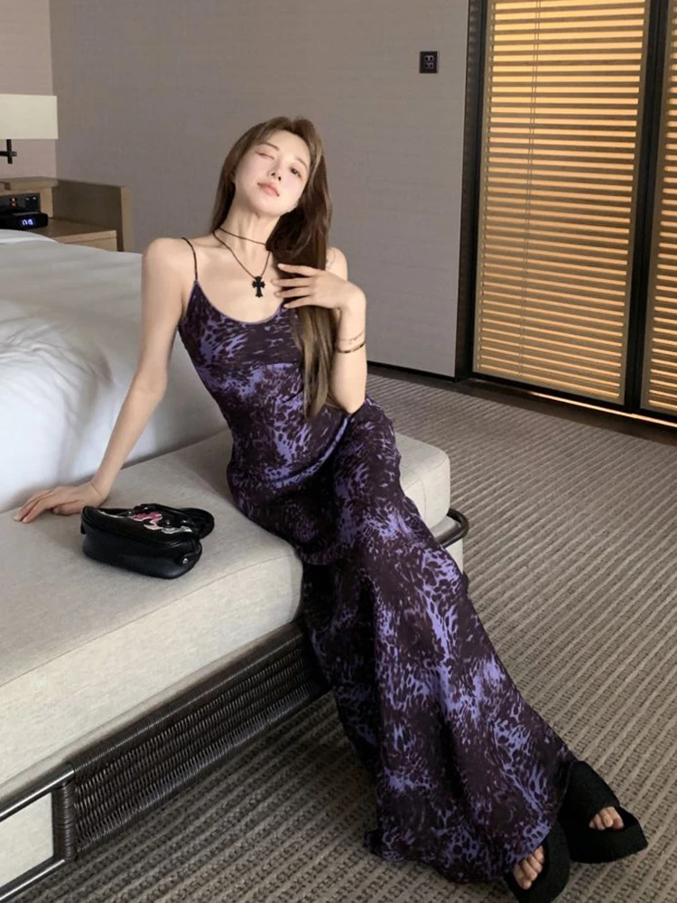 สีม่วงเซ็กซี่ Camis ผู้หญิงเสือดาวพิมพ์ชุดยาวบางฤดูร้อนแฟชั่น Harajuku Chic ชุดราตรีสปาเก็ตตี้ Vestidos ใหม่