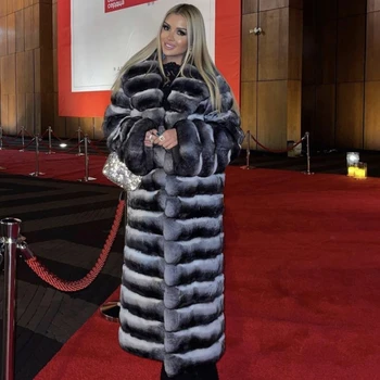 Winter Women's Natural Fur Coat Long Real Rex Rabbit Fur Coat Chinchilla Color Rabbit Fur Jacket