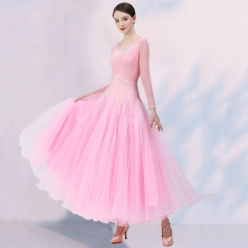 2023 New Pink Ballroom Dance Dress Women Performance Lace Waltz Practice Clothes Big Swing Competition Modern Standard Costumes