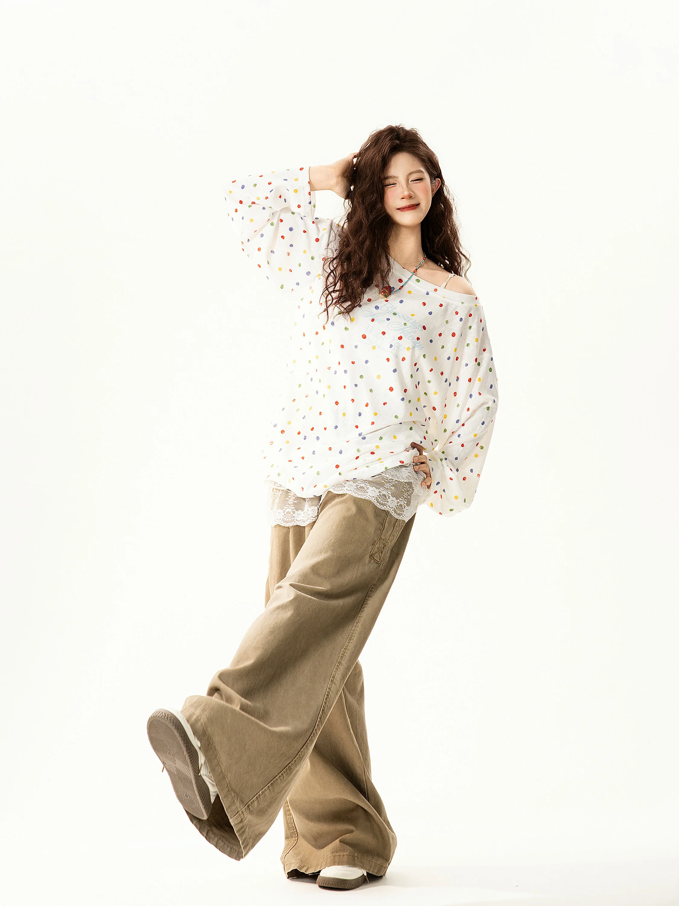 

Polka Dot Long Sleeve Loose Thin Casual Cover up Top Women's T-shirt Commute Style Spring Season Ladies Fashion
