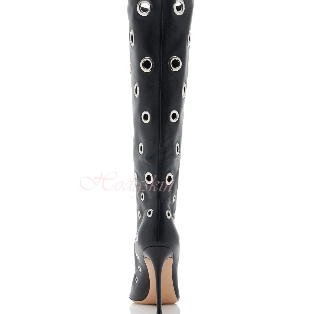Hollow Knee High Boots Pointy Toe Solid Leather Stiletto Heels Slip On Boots Women New Style Shoes Summer Designer Party Fashion image 4