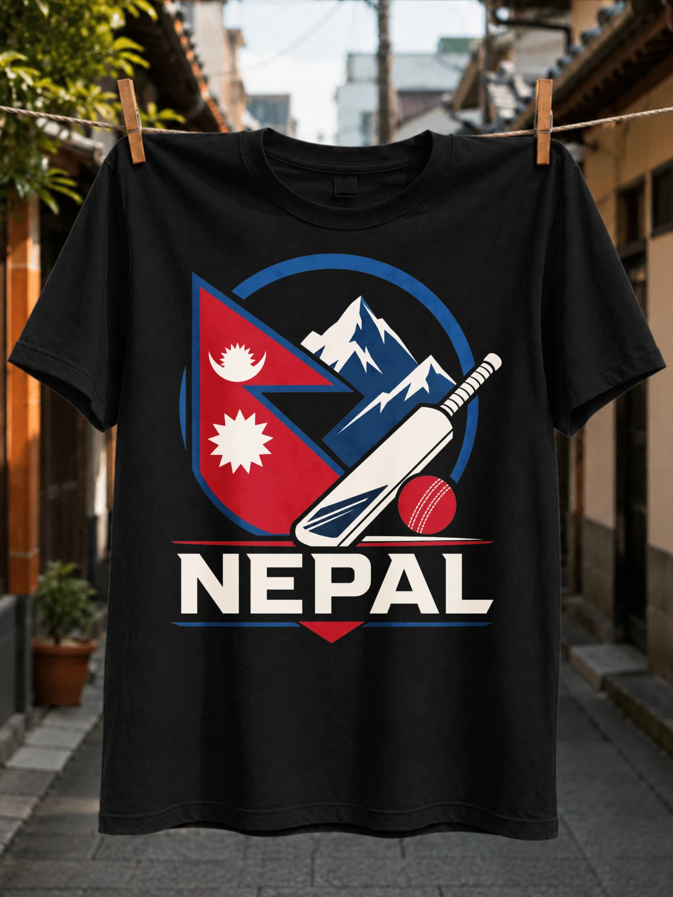Nepal Cricket Graphic Nepal Fl-ag and Himalayan Mountains with Cricket Bat Red Ball and Bold NEPAL  Unisex All T-Shirt