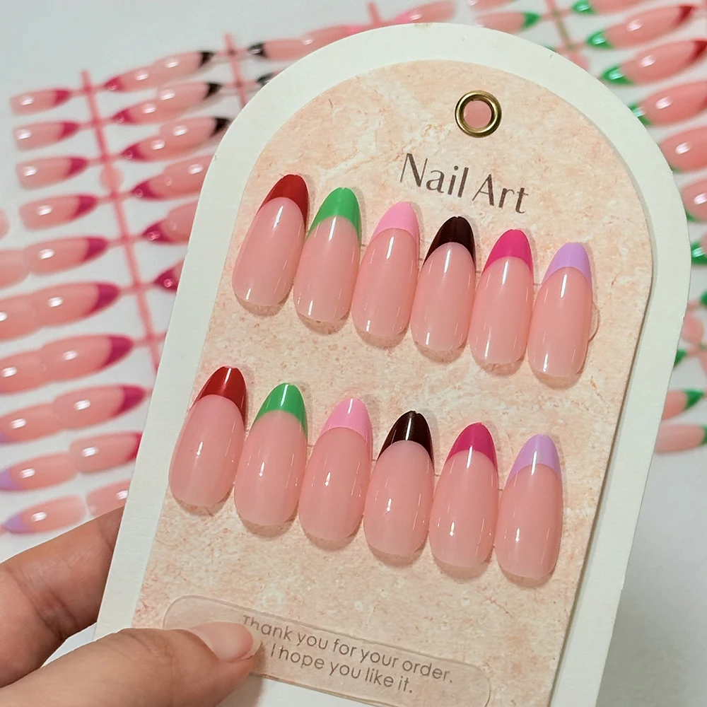 

144Pcs/Bag French Tip Press on Fake Nails Meidum Almond False Nail French Tips Glossy Full Cover Soft Gel Acrylic Nail for Women