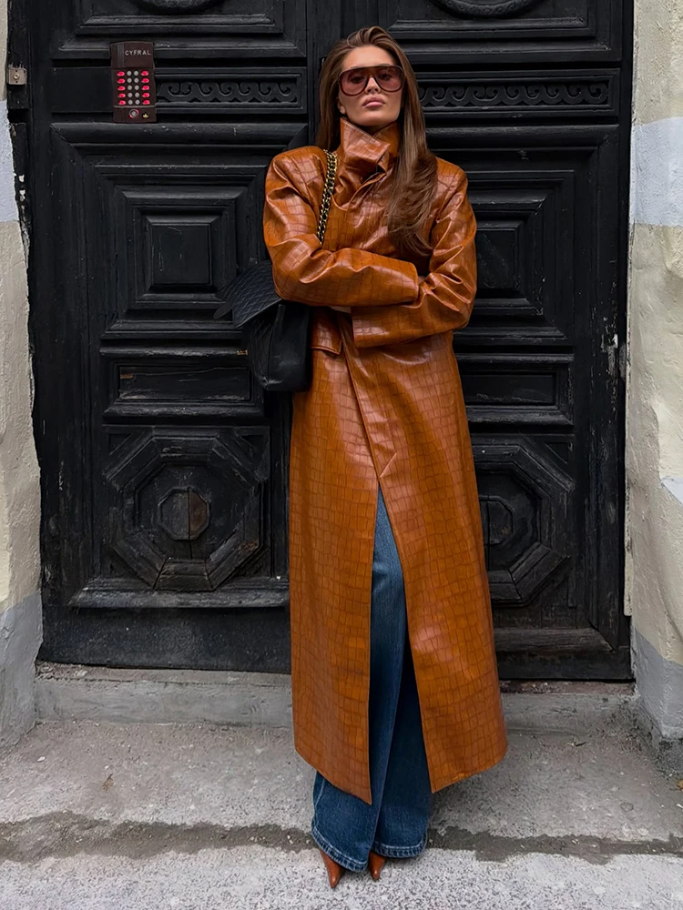 Women High Neck Croc Embossed Faux Leather Long Coat Single Breasted Back Slit Outerwear Chic Fall Daily Street Holiday Outfit