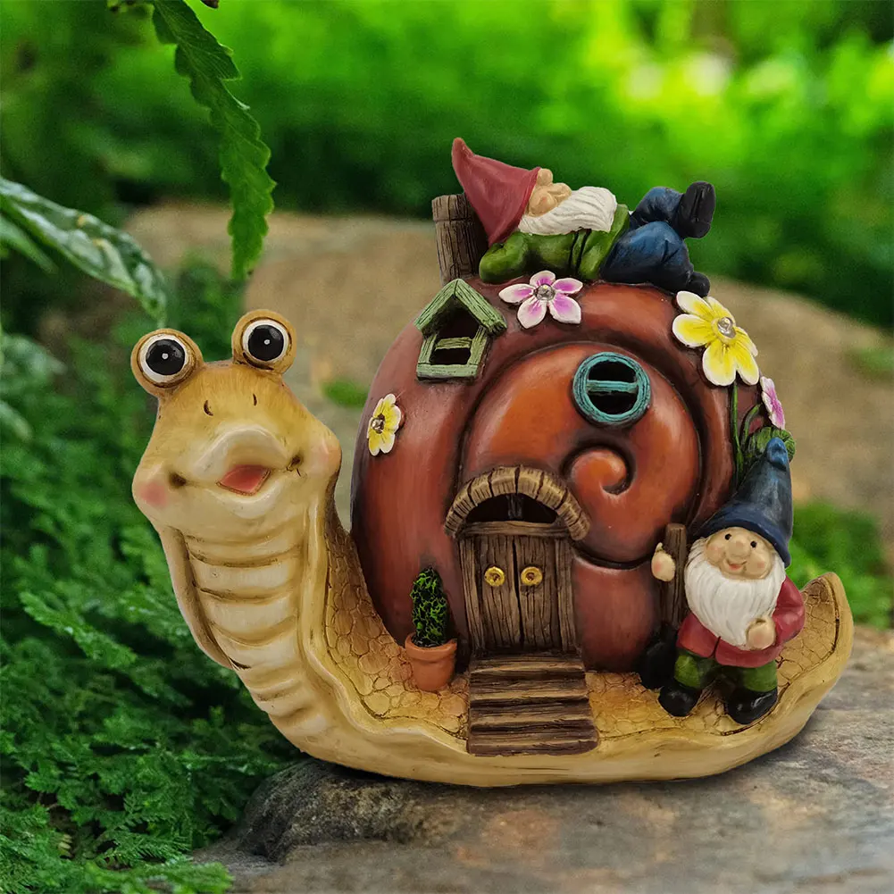 Cute Snail Gnome Resin Garden Statue with Solar Powered Light Garden Gnome Statues Garden Sculptures for Patio Yard Lawn Porch