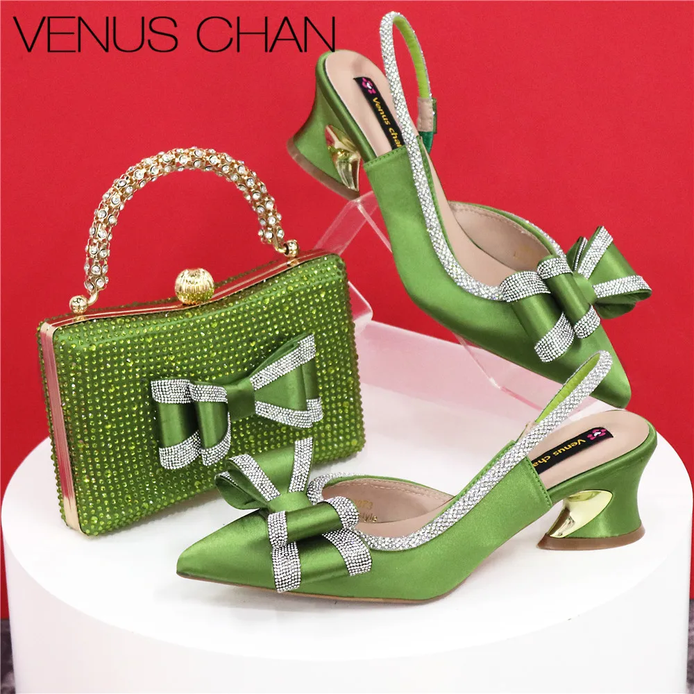 Med Heel Shoes for Women Hollowed Out Embroidery Rhinestone Italian Design Olive-green Color Pointed-Toe Shoes and Bags Set