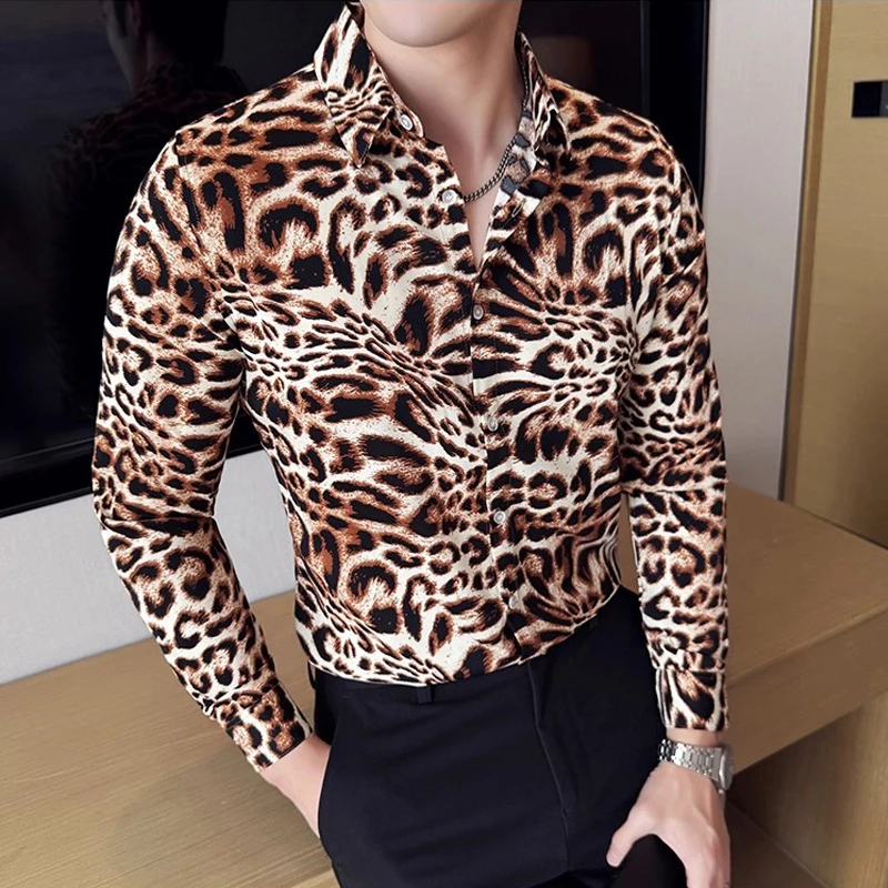 

Trendy Leopard Print Long Sleeve Men's Shirts Luxury Elegant Slim Fit Men Shirt Autumn Spring Handsome Male Printed Shirt Blouse