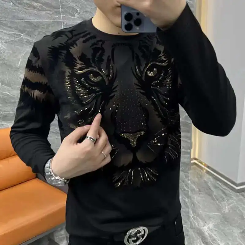 High Quality Fall New Men Long Sleeve Round Neck Underlay T-shirt Personalized Print Hot Diamond Casual Versatile Tiger Head Top