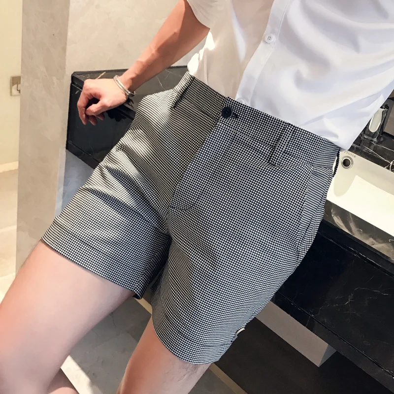 New Fashion Summer Plaid Shorts Men Clothing 2022 Hem Slit Simple Casual Short Pants High Quality Gray Pants Homme Streetwear