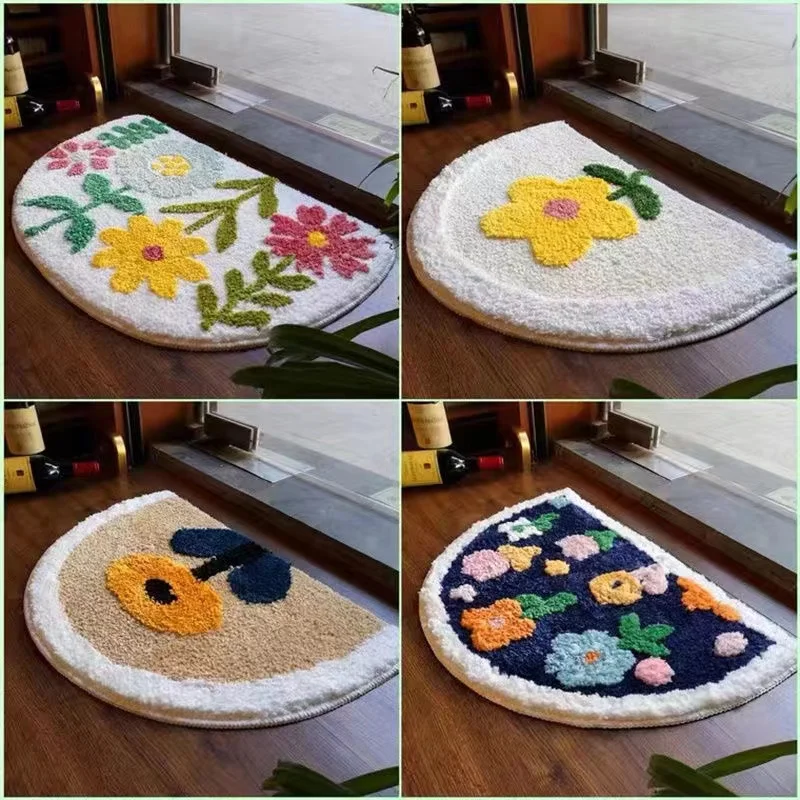 Flocking 3D Plant Design Bathroom Mat Absorbent Floor Bath Mats Doormat Household Hallway Mat Toilet Rug Kitchen Floral Carpets