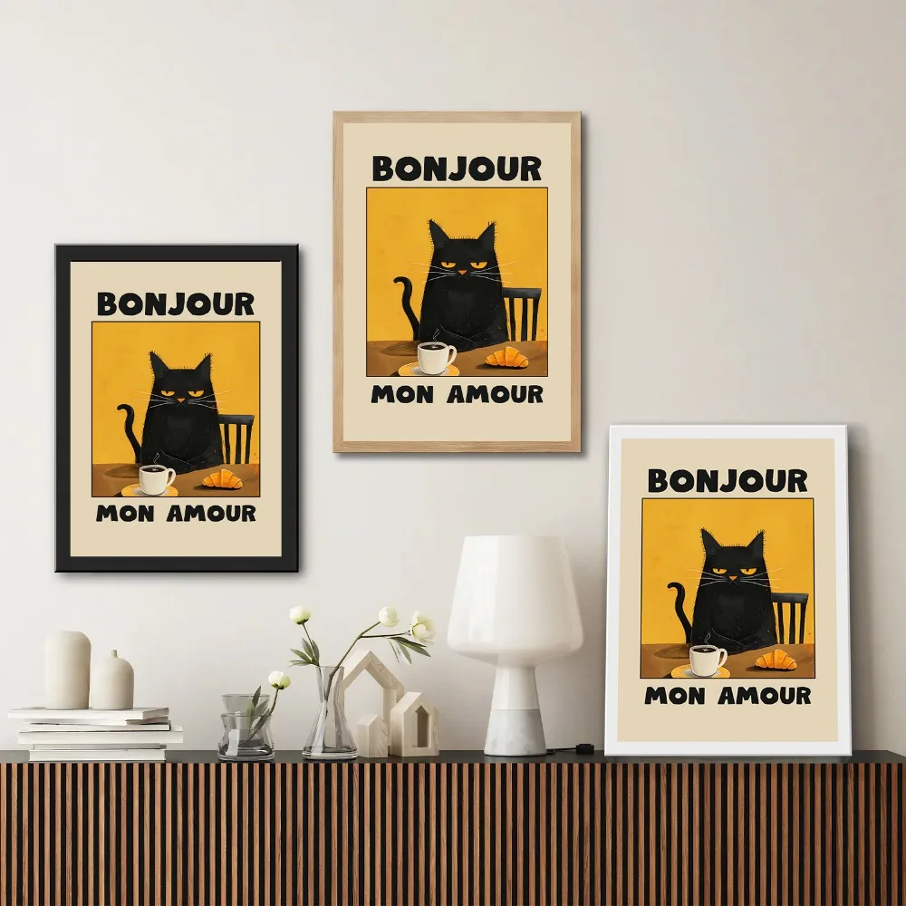 21X30 Photo Frame Plus Canvas Painting Cat BONJOUR Black White Wood Grain Can Be Hung on The Wall with Certificate Poster Decor